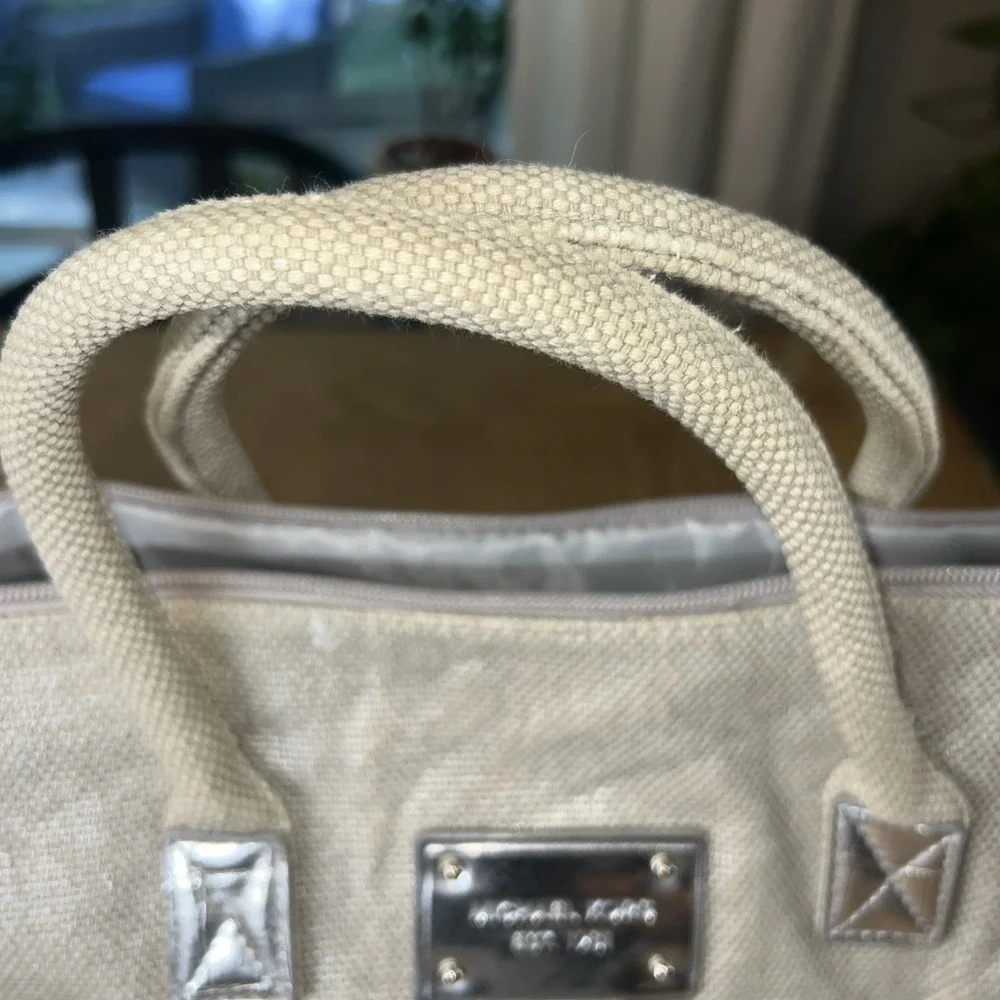 MICHAEL‎ KORS Tote Beige Canvas Silver Shimmer Satchel Bag Purse